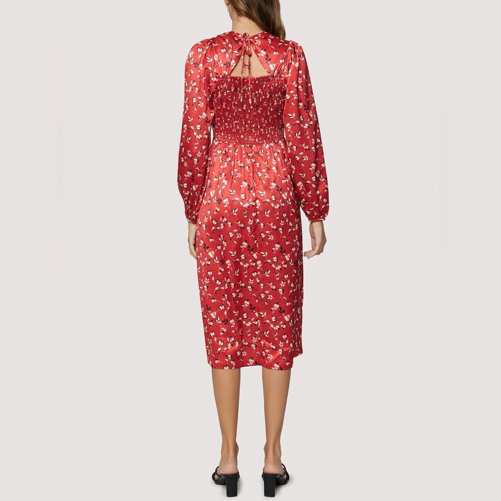 Lost + Wander Red Floral Midi Dress Smocked back Slit Leg Balloon Sleeve Sheath